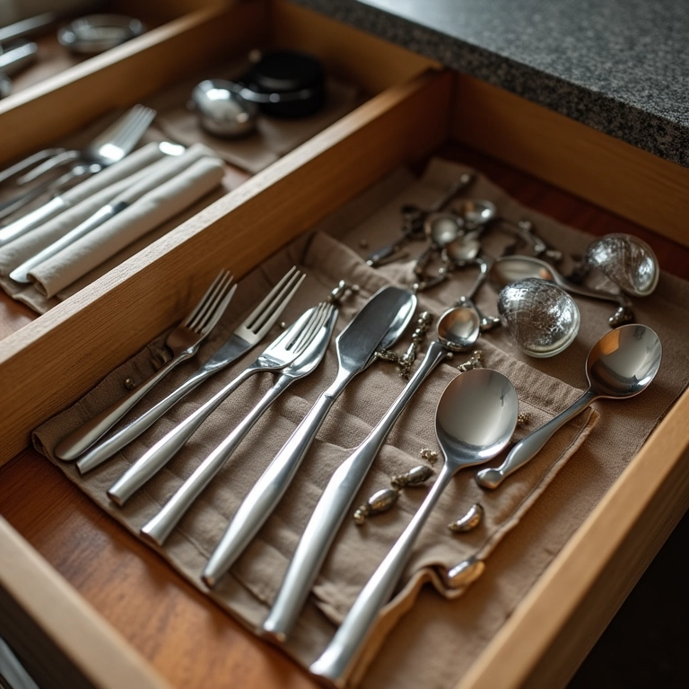 Talheres organizados em gaveta sem divisórias usando esteiras e recipientes.