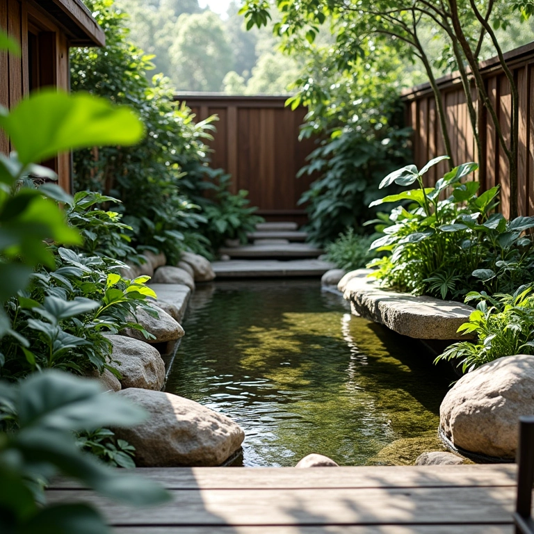 Tanque de peixes pequeno integrado a um jardim compacto, ideal para ambiente urbano.