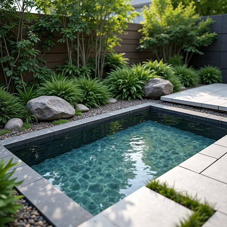 Tanque de peixes retangular em jardim pequeno, com design minimalista e água cristalina.