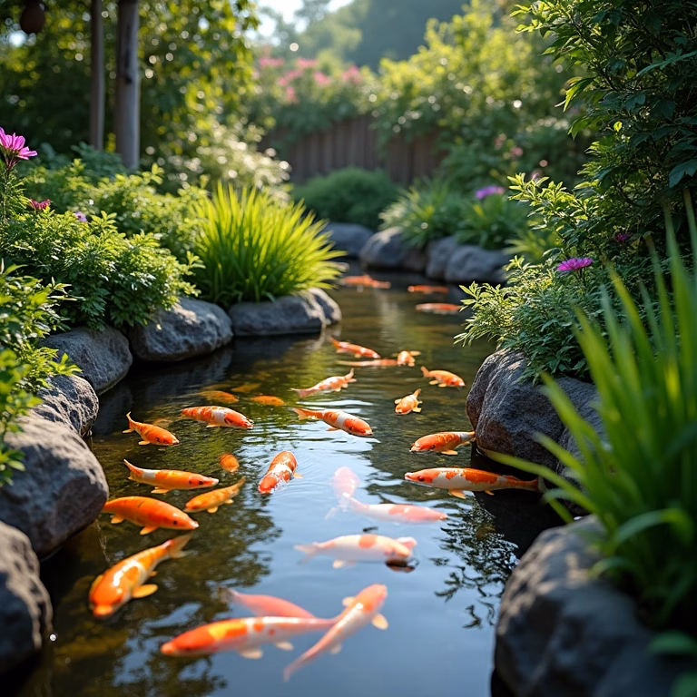 Tanque de peixes vibrante em jardim brasileiro, com carpas coloridas e plantas aquáticas.
