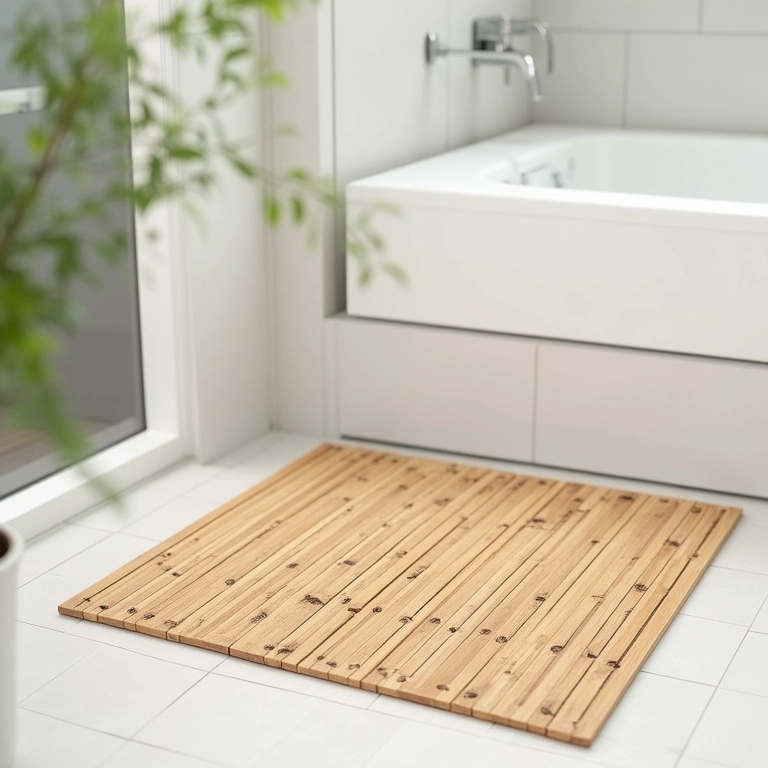 Tapete de bambu em banheiro minimalista