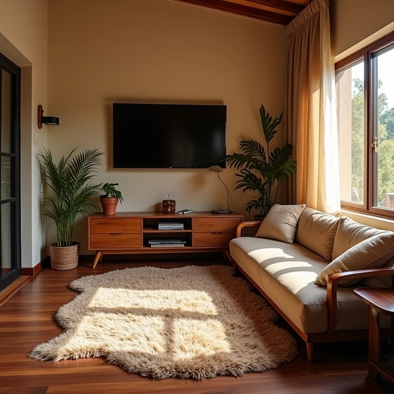 Tapetes e almofadas aconchegando sala de TV pequena.