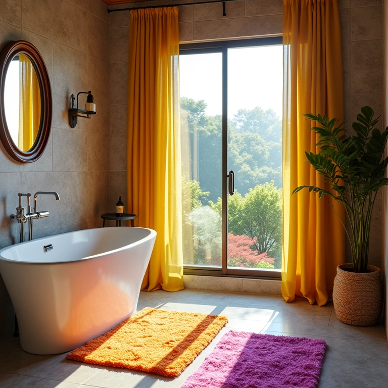 Tapetes e cortinas coloridas dando vida a um banheiro.