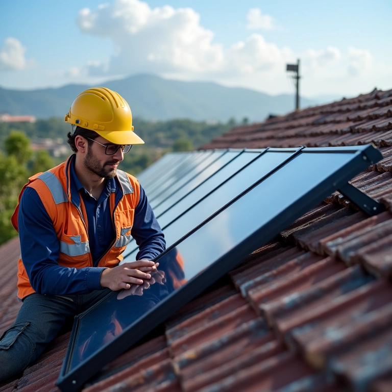 Técnico inspecionando painéis de aquecimento solar em telhado no Brasil.