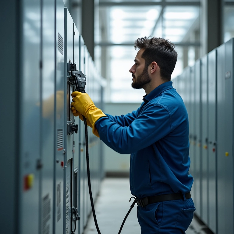 Técnico limpando os quadros de distribuição elétrica.