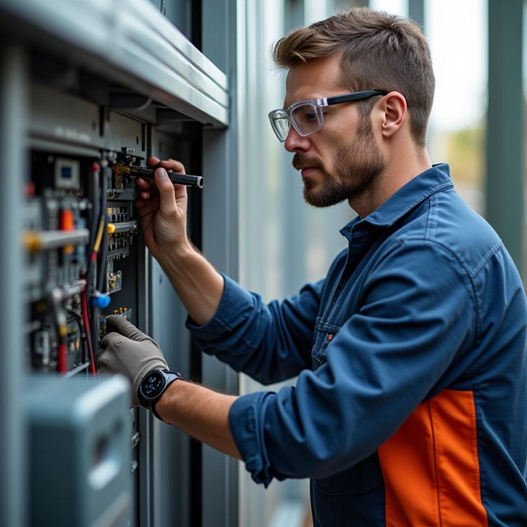 Técnico realizando manutenção em portão eletrônico.