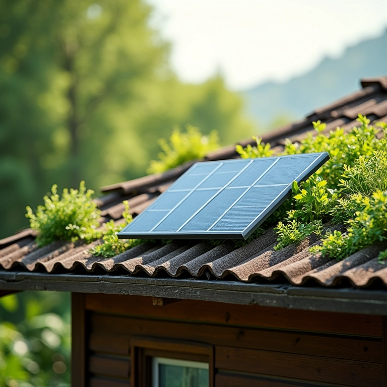 Telhado ecológico com telhas ecológicas, plantas e painel solar.