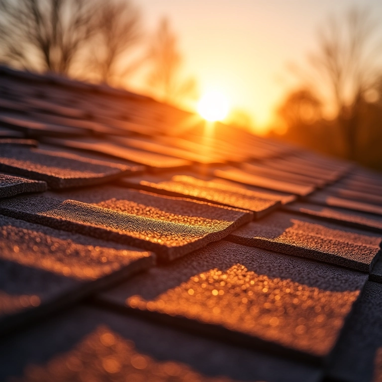 Telhado shingle refletindo a luz solar, isolamento térmico.