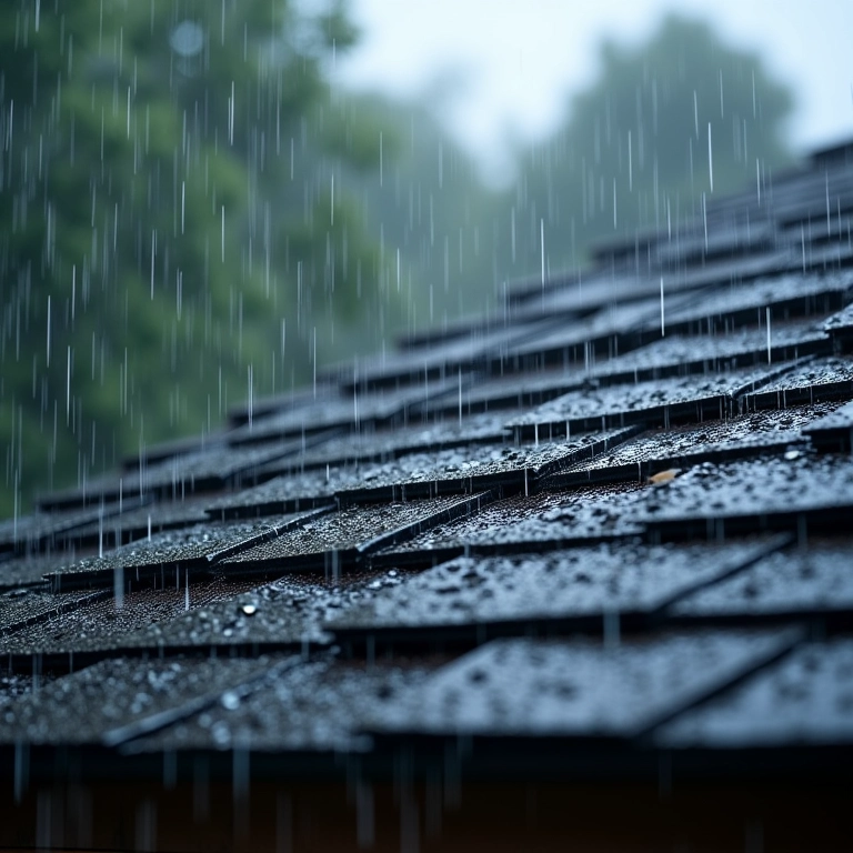 Telhado shingle resistindo à chuva forte.