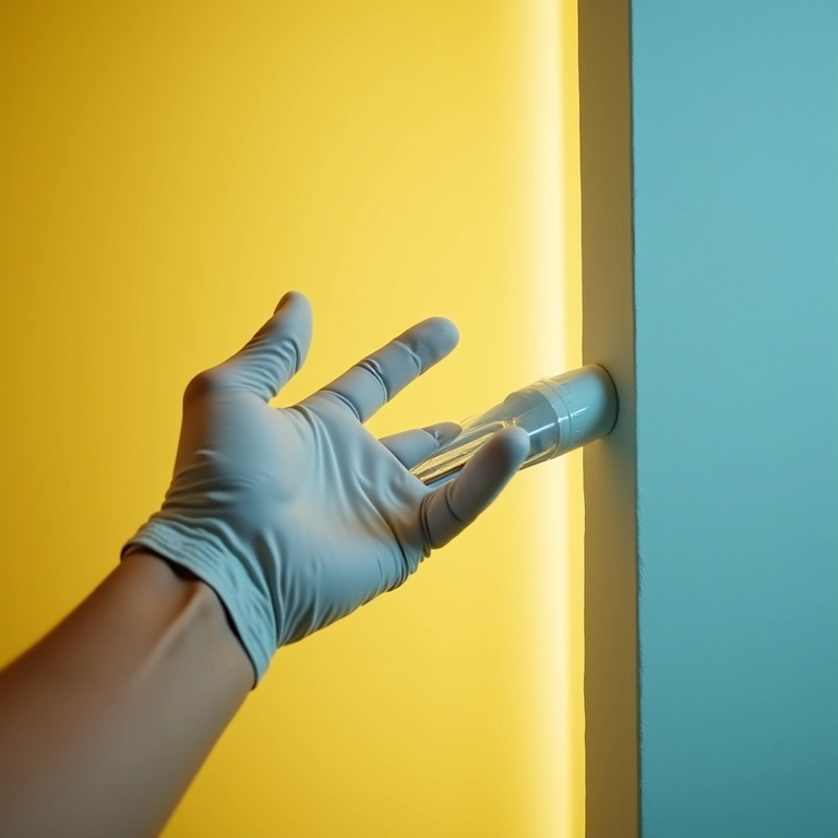 Teste de água sanitária diluída em pequena área de parede colorida.