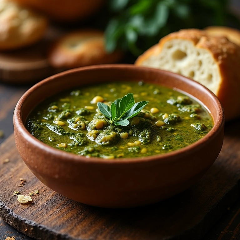 Tigela rústica de caldo verde, pão e azeite, convidando ao aconchego e ao sabor da culinária brasileira.