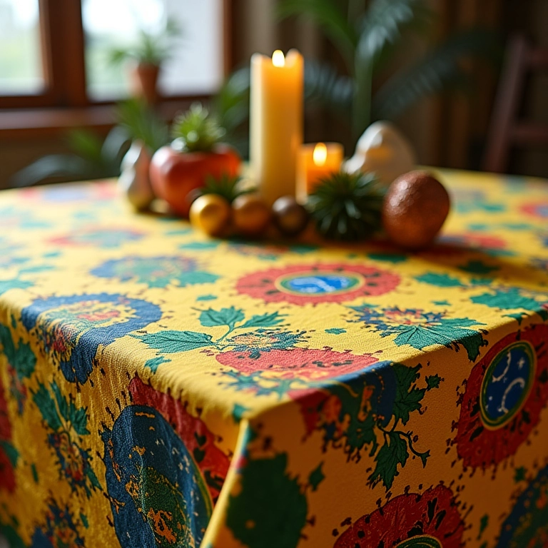 Toalha de mesa temática de Natal com motivos brasileiros e cores vibrantes.