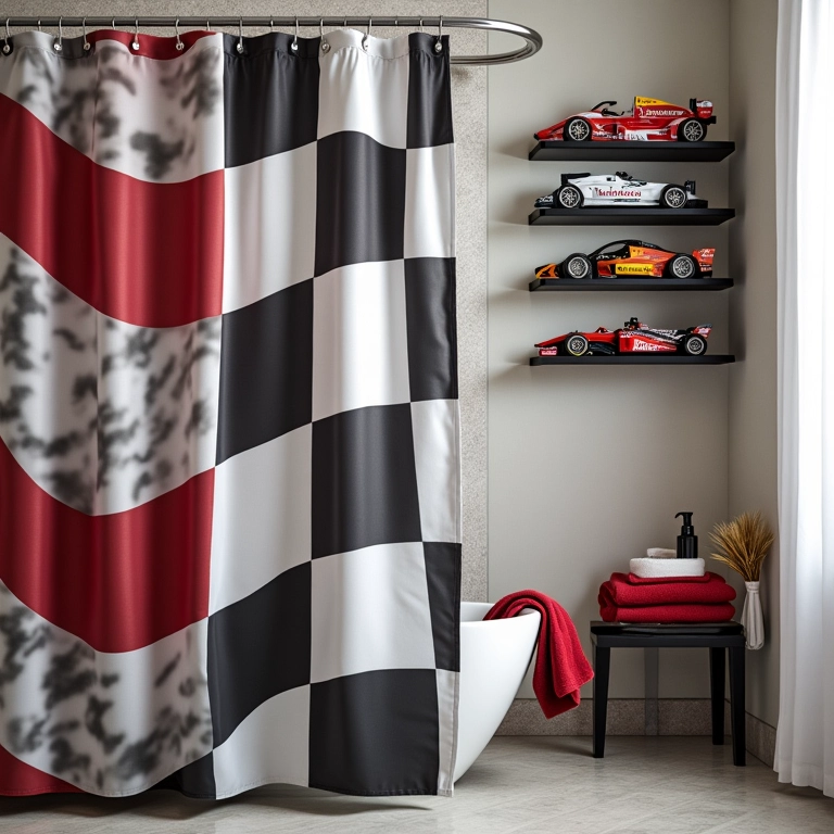 Toalhas quadriculadas e cortina com bandeira de corrida em banheiro temático.