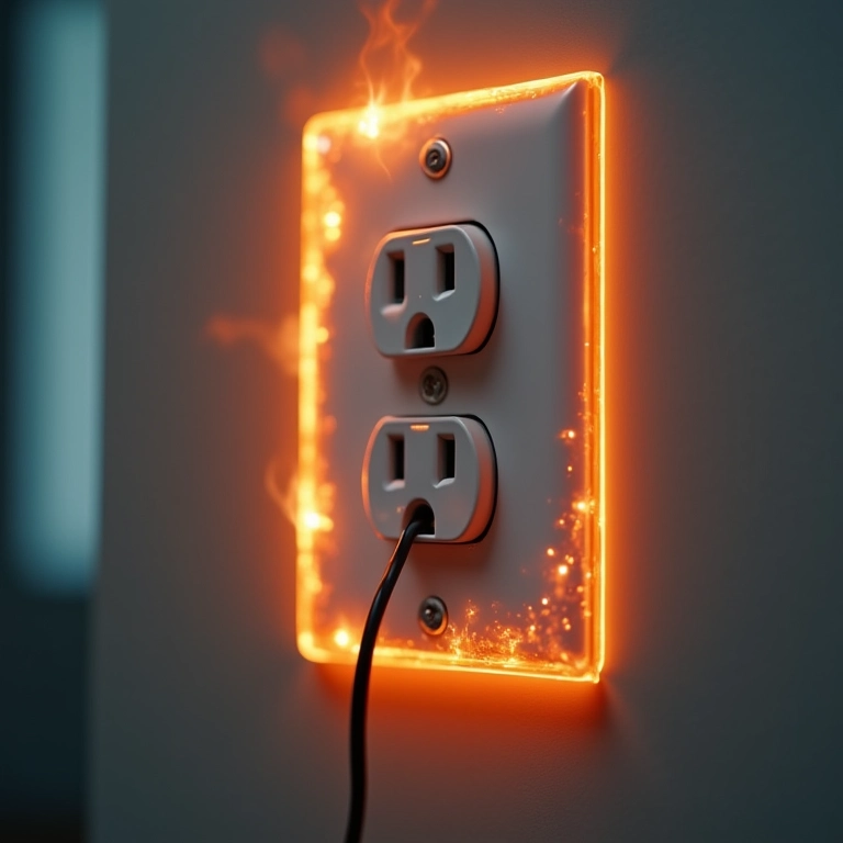 Tomada elétrica com sinais de superaquecimento e plástico derretido.