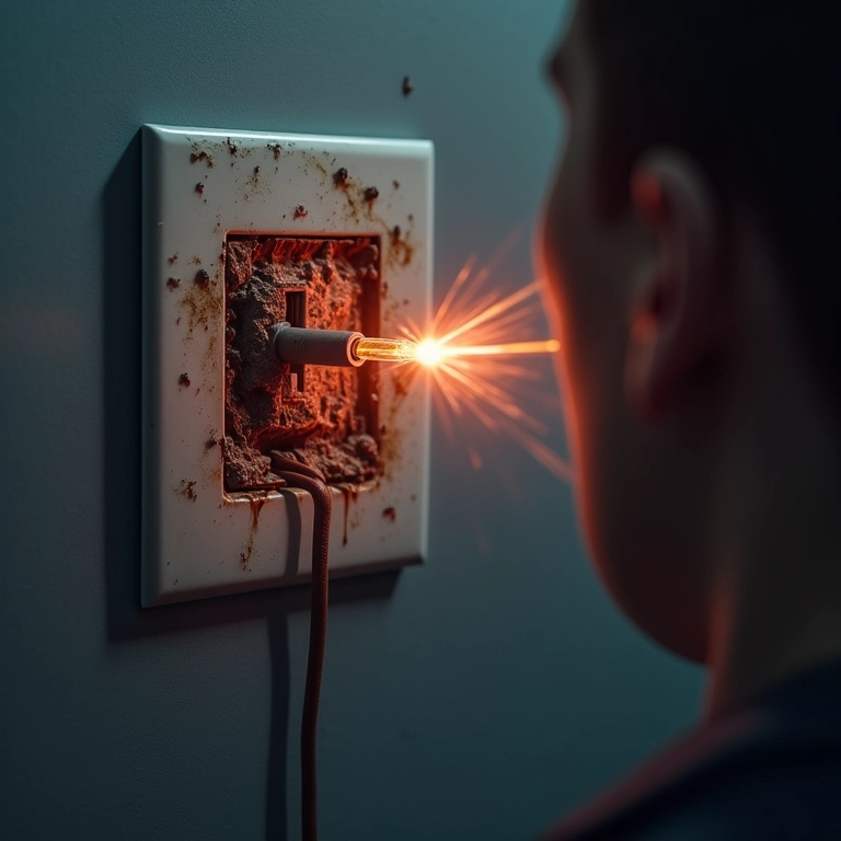 Tomada elétrica danificada com fios expostos, pessoa recebendo choque.