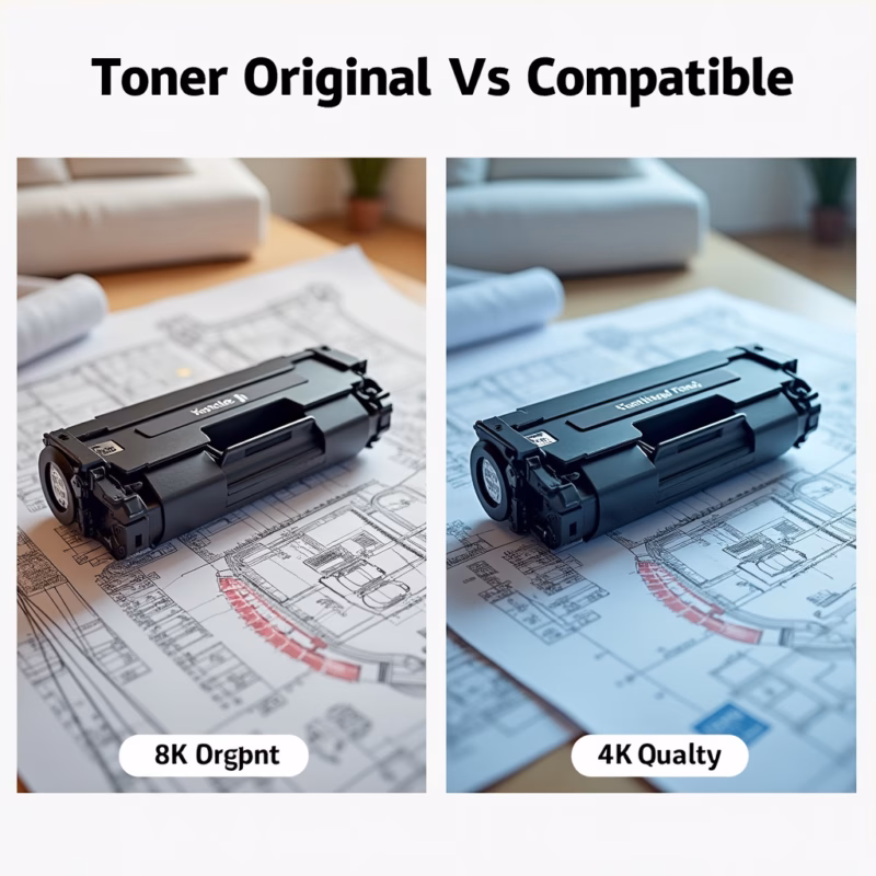 Toner original vs compatible, architectural plans, vibrant colors, sharp lines, side-by-side Comparativo visual entre toner original e compatível em projetos.