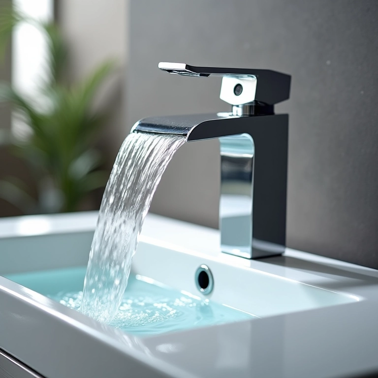 Torneira cascata cromada sobre gabinete de banheiro de 60cm.