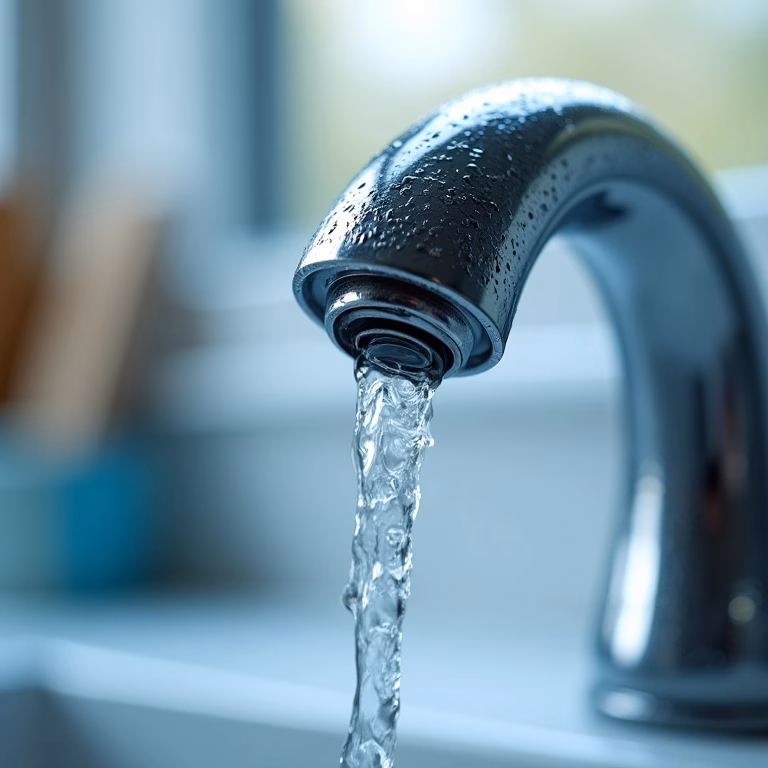 Torneira com filtro brilhando, água fresca