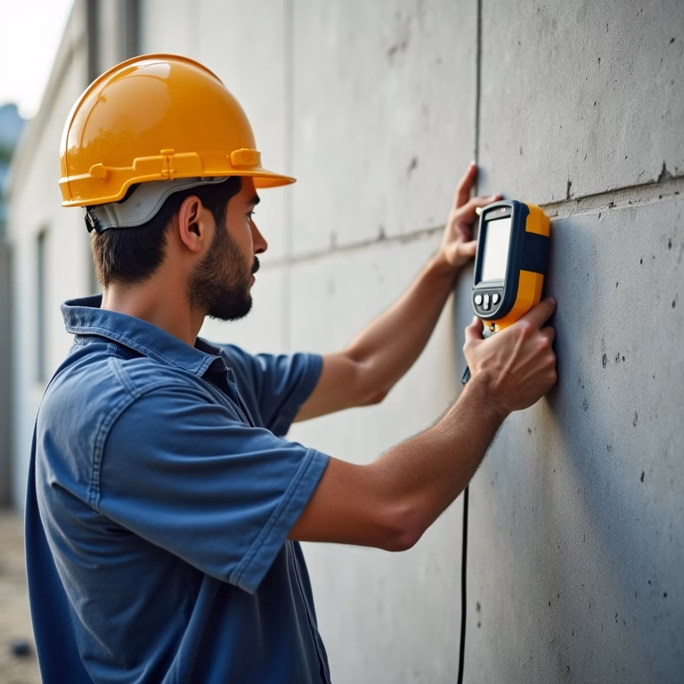 Trabalhador da construção civil medindo a umidade de uma parede de concreto com um medidor.