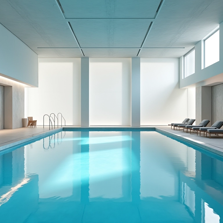Tratamento acústico reduz eco e ruído em piscina coberta.