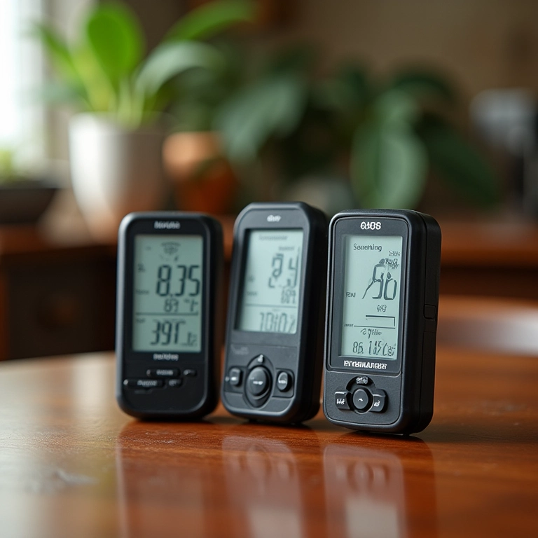 Três medidores higrométricos diferentes em uma mesa em um interior com estilo brasileiro.