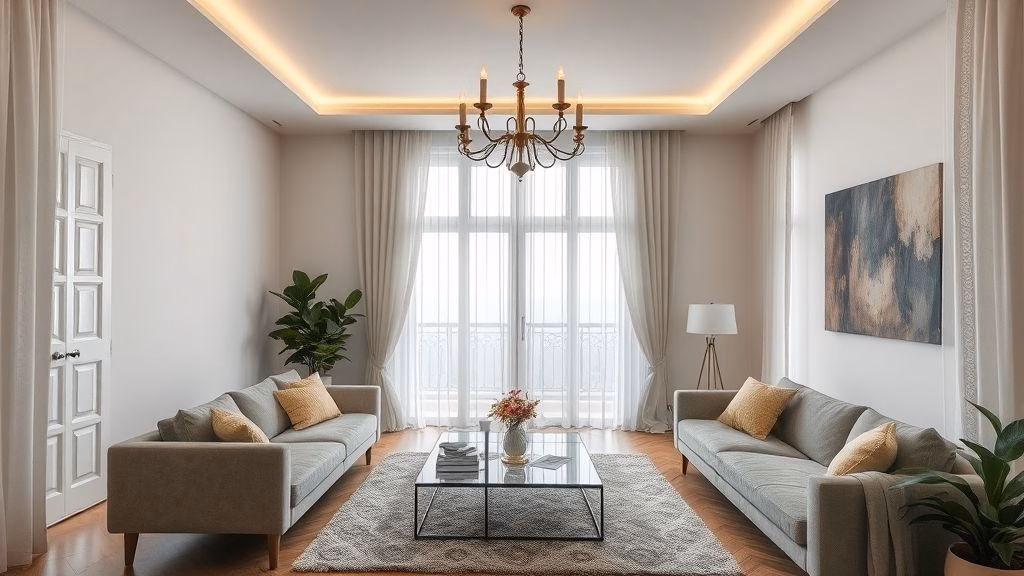 Sala de estar moderna com cortinas de linho branco, decoração minimalista e luz natural abundante. Dicas para escolher cortinas para sala.