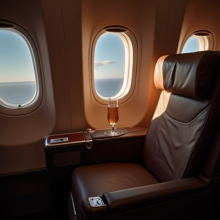Upgrade de cabine em avião com milhas, assentos confortáveis e champanhe.
