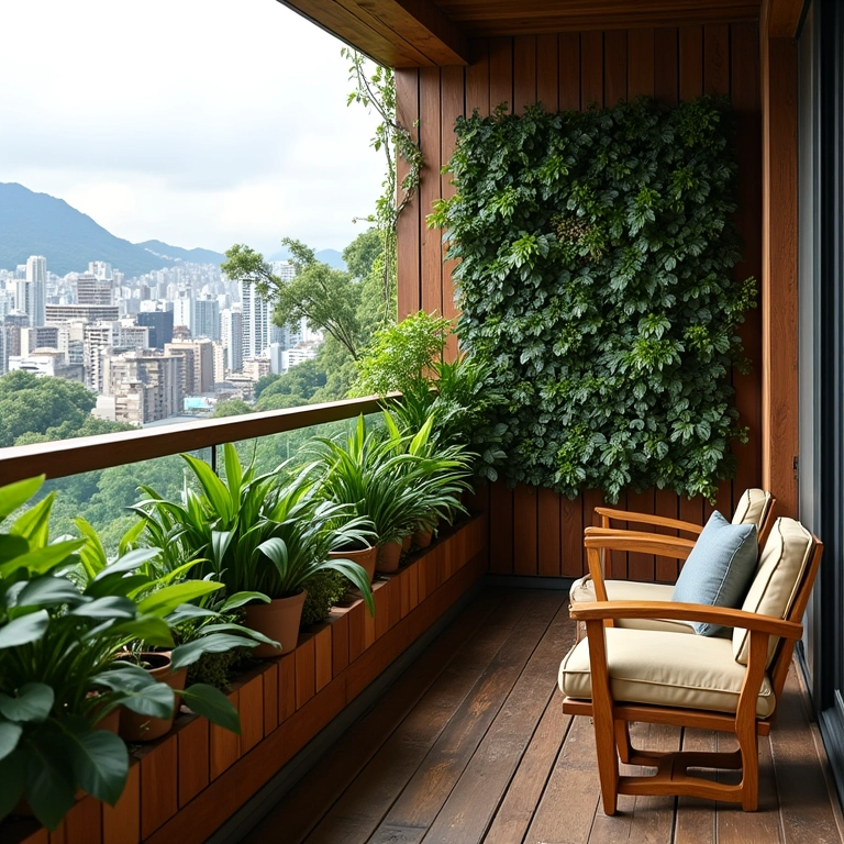 Varanda com plantas e elementos naturais, vista da cidade.