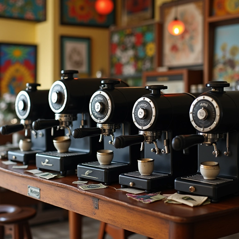 Variedade de cafeteiras expresso expostas com etiquetas de preço em um ambiente doméstico brasileiro.