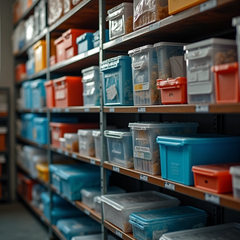 Variedade de caixas organizadoras de plástico de diferentes tamanhos.