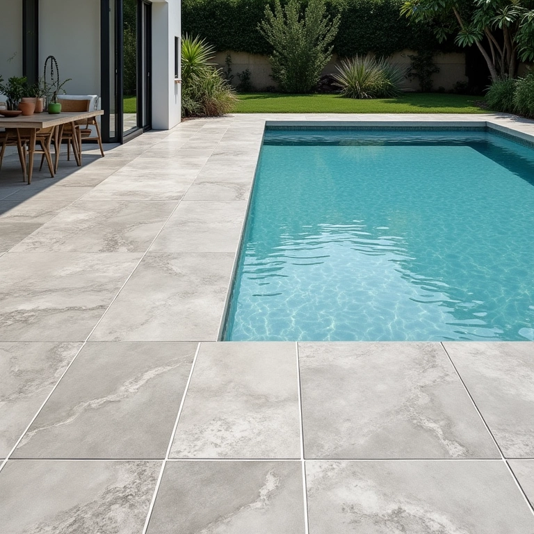 Variedade de formatos e tamanhos de pedras São Tomé ao redor da piscina, linhas limpas e padrões geométricos.