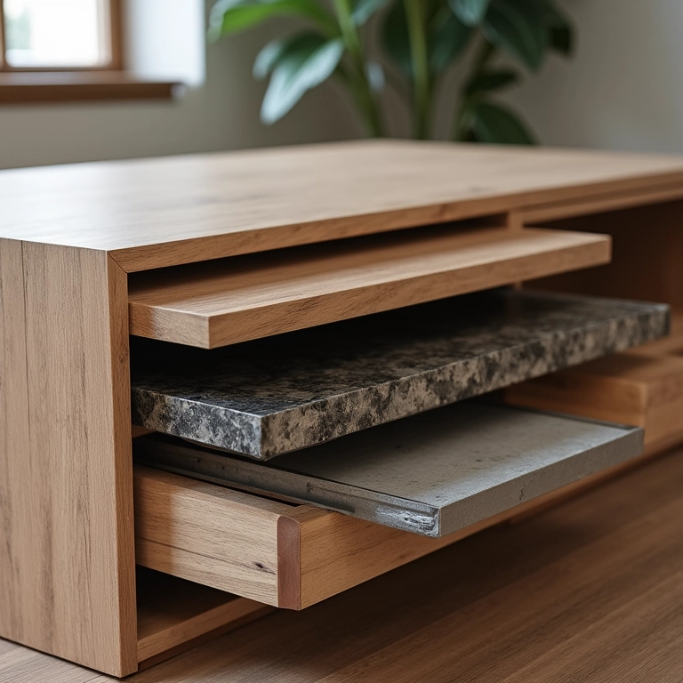 Variedade de materiais e acabamentos em mesas de centro com gavetas.