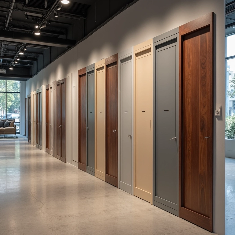 Variedade de modelos e acabamentos de portas de aço em um showroom.