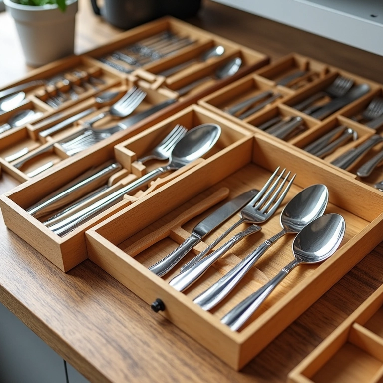 Variedade de organizadores de talheres: bambu, bandejas expansíveis e racks verticais.