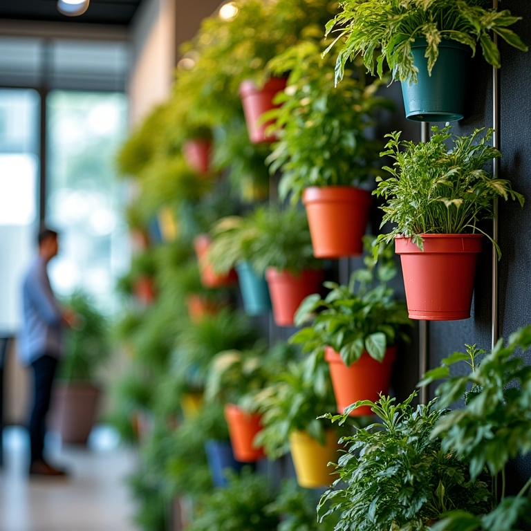 Vasos autoirrigáveis da Vasart em jardim vertical.