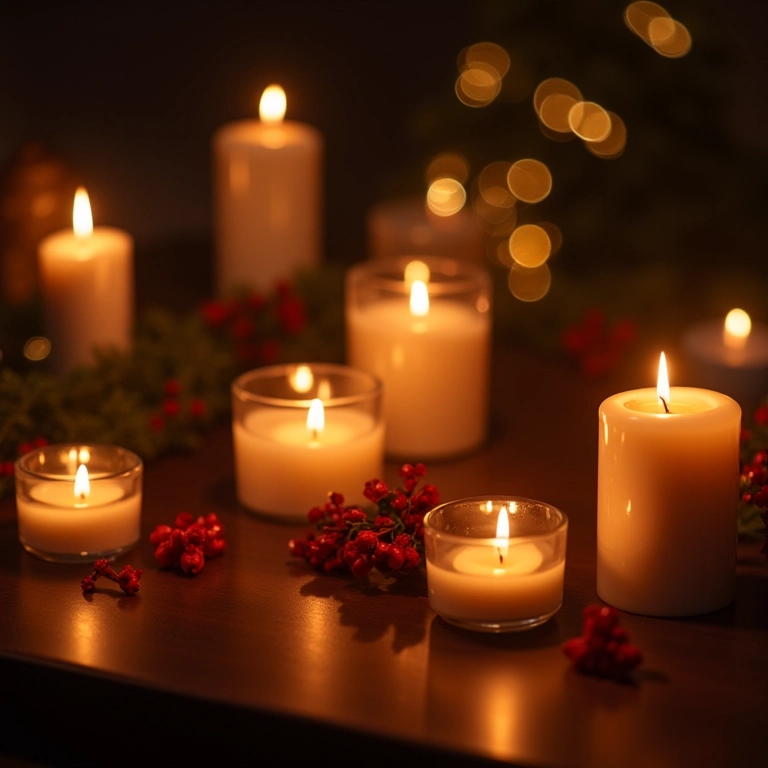 Velas acesas em uma mesa de Natal, criando um ambiente acolhedor e romântico.