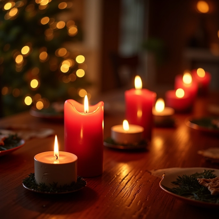 Velas aconchegantes na decoração da mesa de Natal.