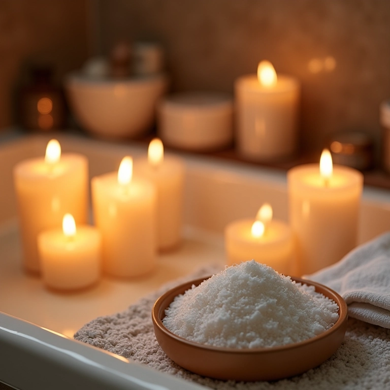 Velas e sais de banho criando um ambiente relaxante em um banheiro.