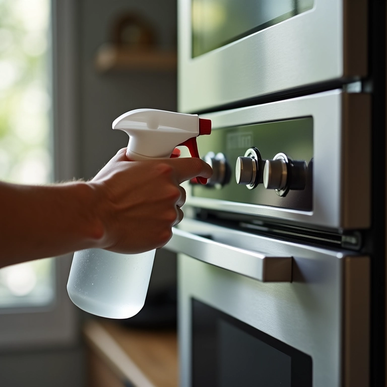 Vinagre branco sendo borrifado na porta de vidro do forno elétrico.