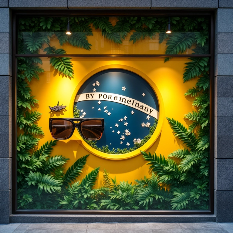 Vitrine temática exibindo óculos com criatividade.