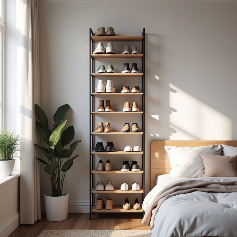 A modern vertical shoe rack in a small bedroom, minimalist design, natural light, 8k quality, sharp Sapateira vertical moderna em um quarto pequeno.