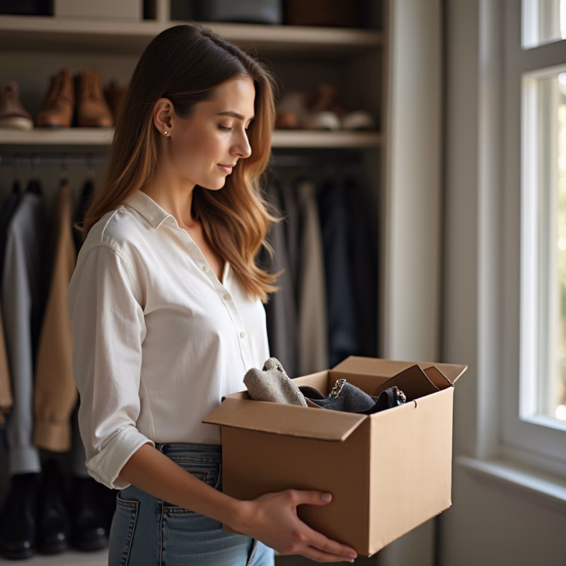 A woman thoughtfully donating old shoes from her closet, natural light, organized wardrobe, Mulher doando sapatos usados de sua sapateira organizada.