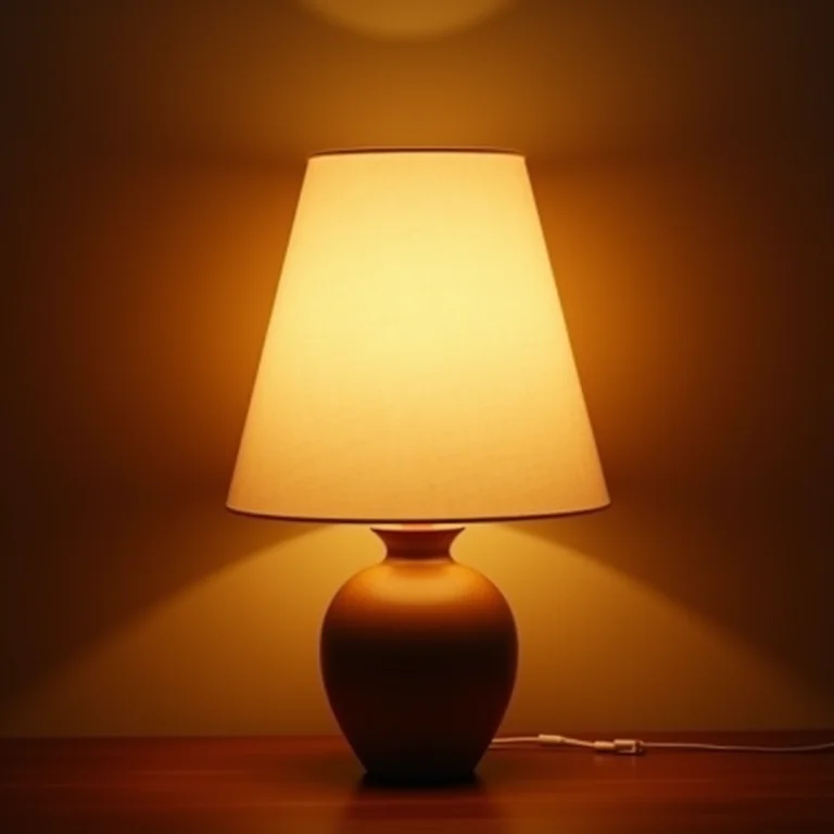 Abajur com cúpula de seda emitindo luz suave, ambiente aconchegante