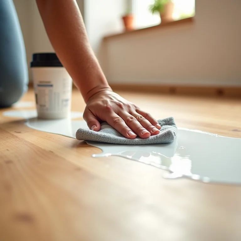 Ação rápida para limpar uma mancha de tinta fresca em um piso de madeira.