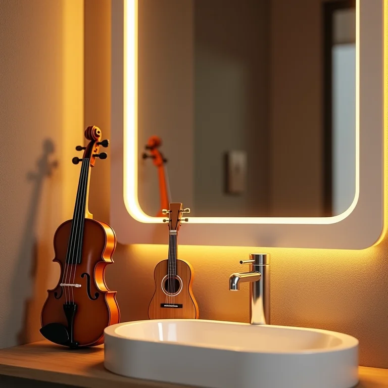 Acessórios decorativos com miniaturas de instrumentos musicais em banheiro temático.