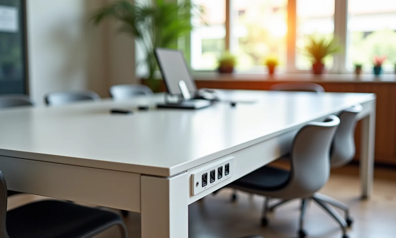 Acessórios e organizadores de cabos em uma mesa de reunião.