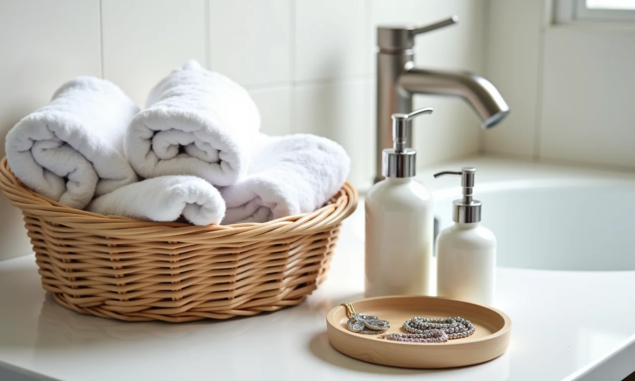 Acessórios funcionais e decorativos em banheiro contemporâneo.