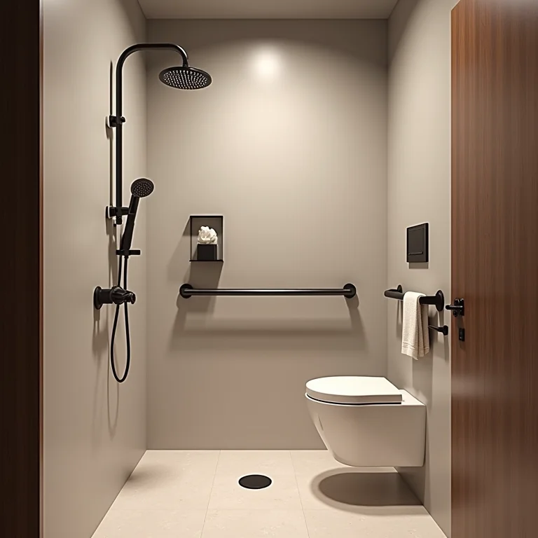 Acessórios indispensáveis em um banheiro acessível: ducha manual, assento dobrável e armazenamento de fácil acesso