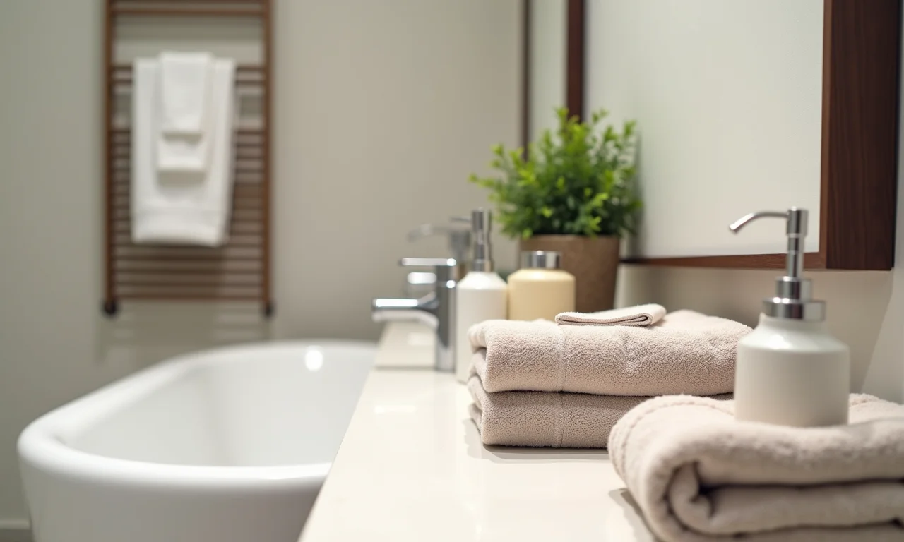 Acessórios personalizados em banheiro com cimento queimado e madeira.