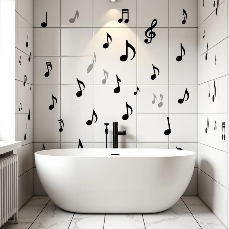 Adesivos de notas musicais e instrumentos decorando o banheiro temático.
